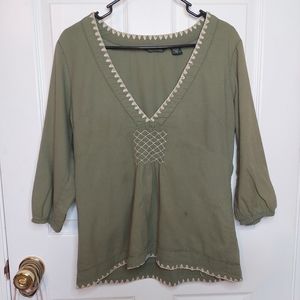 Eddie Bauer Olive Green Peasant Top 3/4 Sleeves Smocked V Neck Boho Size M